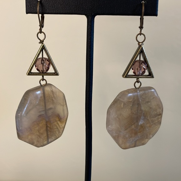 Hand Crafted Jewelry - HAND CRAFTED EARRINGS Large Octagon Fluorite Beads with Amethyst and Brass